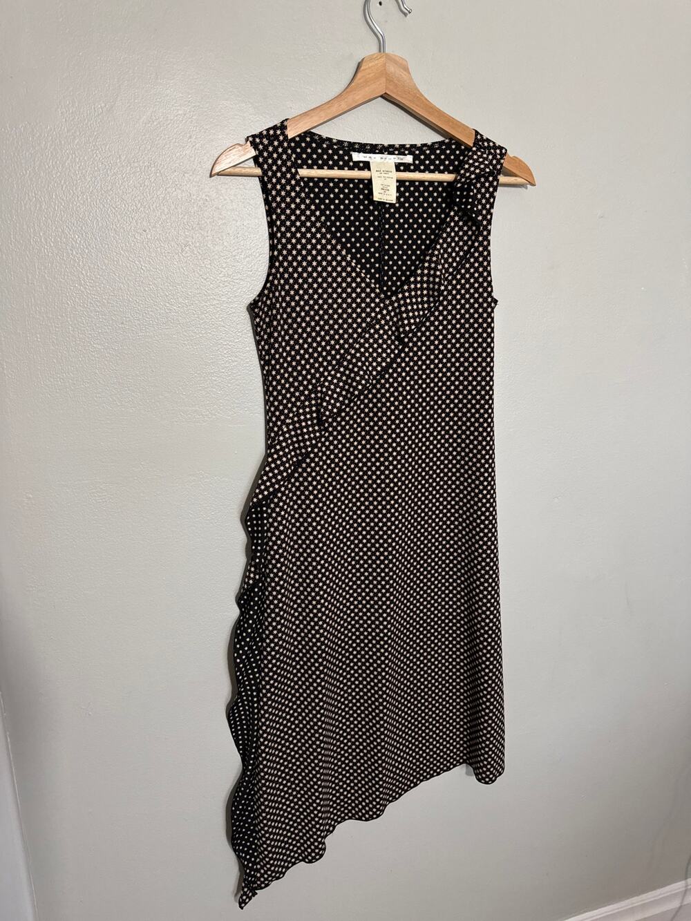 Women's Size XS Max Studio Y2K Black Floral Polka Dot Ruffle Tank Midi Dress